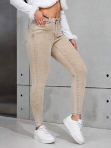 SHEIN PETITE 女式时尚休闲百搭紧身牛仔裤 - 卡其色 - 查看 7