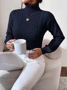 RueChic Sweater Kasual Lengan Panjang Kerah Tinggi Warna Polos untuk Wanita, Musim Gugur/Dingin - Navy Blue - View 5