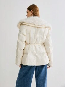 Enchnt 女士冬季白大衣，长袖蓬松领带补丁蓬松厚外套，秋季女装，女士冬季外套，感恩节 - 奶油色 - 查看 7