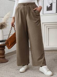 SHEIN LUNE Große Größen Dicke, warme Cordhose in Gerade Passform für Damen, geeignet für Herbst/Winter - Grau - Übersicht 3