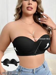Sujetador tipo bandeau de unicolor con botones delanteros y ballenas de acero para tallas grandes - Negro - Ver 7