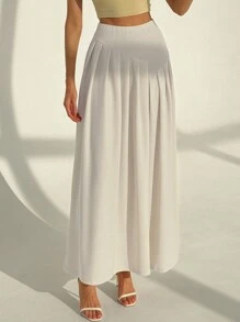 Aloruh New Asymmetrical Pleated A-Line Long Skirt, Plain Apricot Color - Apricot - View 6