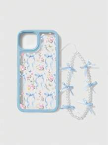 ROMWE Kawaii 1pc Elegant Blue Bow & Floral Pattern White IPhone Case - Multicolor - View 1