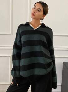 DAZY Loose Stripe Pattern Embroidery Long Sleeve Sweater For Women,Fall Women Clothes - Green - View 4