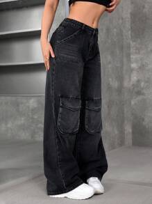 SHEIN EZwear Women's Casual Washed Wide-Leg Cargo Jeans