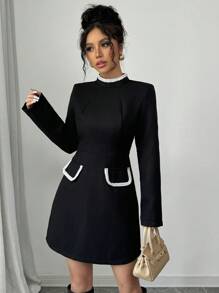 Selianne Mid To High Neck Short Pearl Decor Flap Pocket Dress Fall Cloth For Women - Black and White - View 5