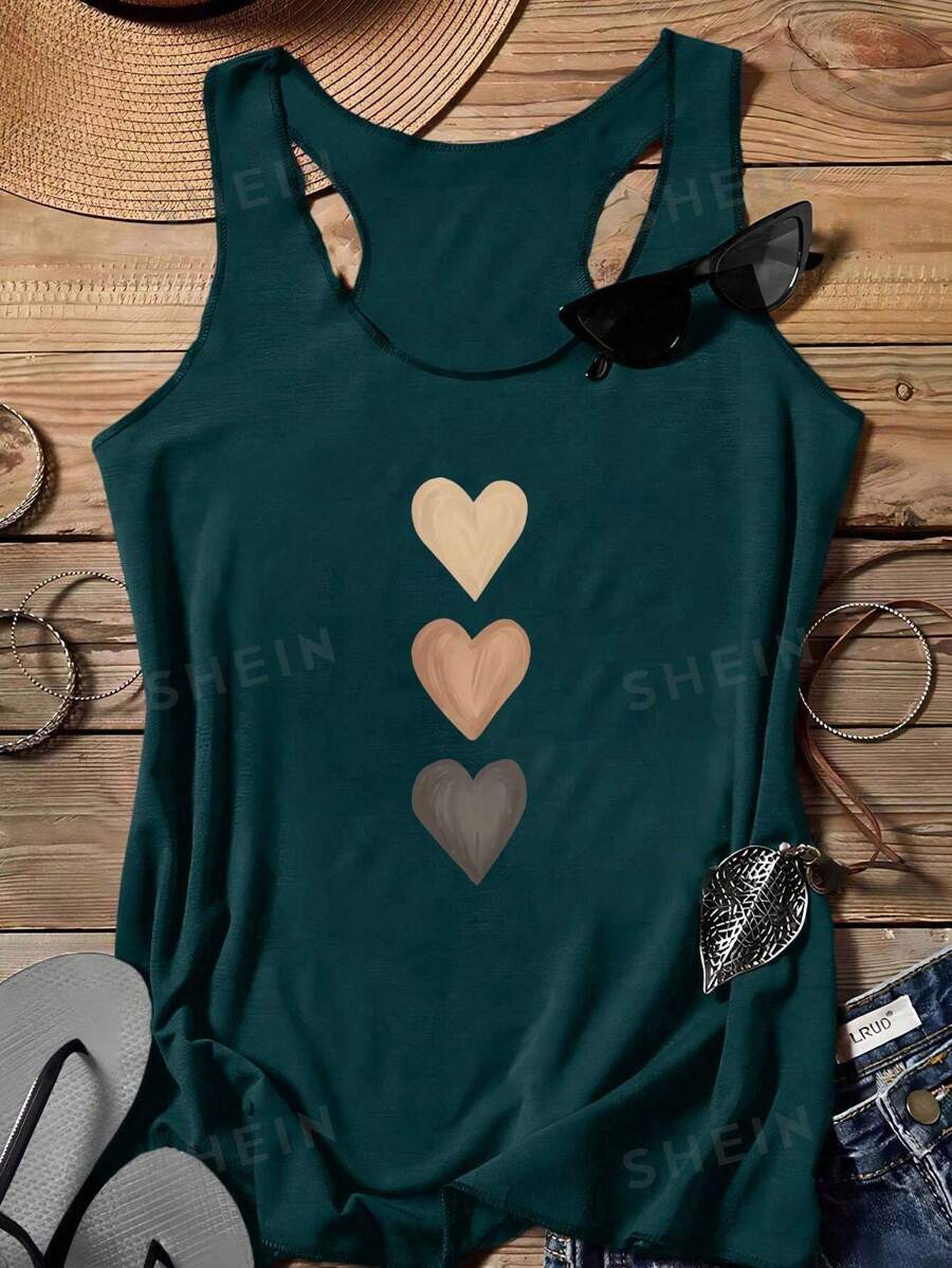 SHEIN LUNE Top de tirantes casual de mujer con estampado de corazones, para primavera/verano