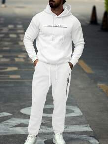 Manfinity Homme 2 件男士字母印花套头连帽衫和长裤套装，简约风格 - 白色 - 查看 6