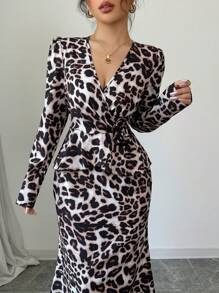 SHEIN Unity Robe femme élégante à imprimé léopard, col en V, taille péplum, ourlet en queue de poisson, robe longue automne pour femme - Multicolore - Voir 5