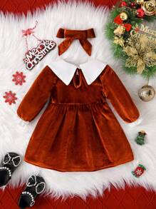 SHEIN 女婴独特天鹅绒领子连衣裙，公主生日派对服装，适合秋季/冬季/圣诞节 - 棕色 - 查看 2