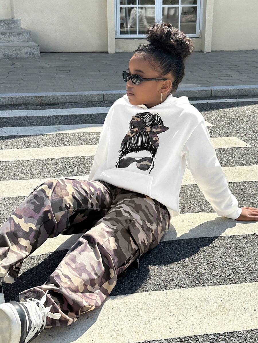 Tween-Mädchen Lässiges Streetwear-Set aus bequemem Strick-Sweatshirt mit Rundhalsausschnitt und Camouflage-Hosen - Armeegrün - Übersicht 1