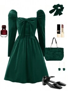 Tween Girl Sweetheart Neck Bow Decoration Puff Sleeve Velvet Ladylike Christmas Dress - Green - View 4