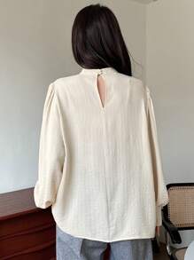 DAZY 1pc Women's Solid Color Loose Contrast Lace Stand Collar Long Sleeve Shirt,Fall Clothes - Apricot - View 2