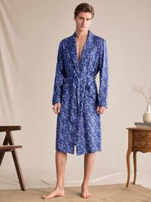 SHEIN EverLounge Bata de hombre de manga larga cómoda con estampado completo y doble bolsillo, para otoño