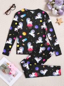 SHEIN Tween Girl 荧光卡通独角兽与星星图案圆领长袖裤舒适休闲睡衣睡衣套装，2 件（作为兄弟姐妹/配套服装单独出售） - 黑色 - 查看 2