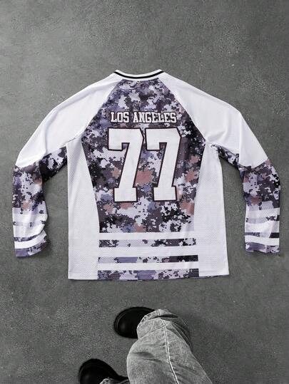 Manfinity EMRG Men's Youth Street-Style INS Mosaic Camouflage Oversized Digital English Letter Print Drop-Shoulder Mesh Fabric Basketball Jersey Round Neck Long Sleeve Tennis T-Shirt ,Jersey Shirt ,Camo