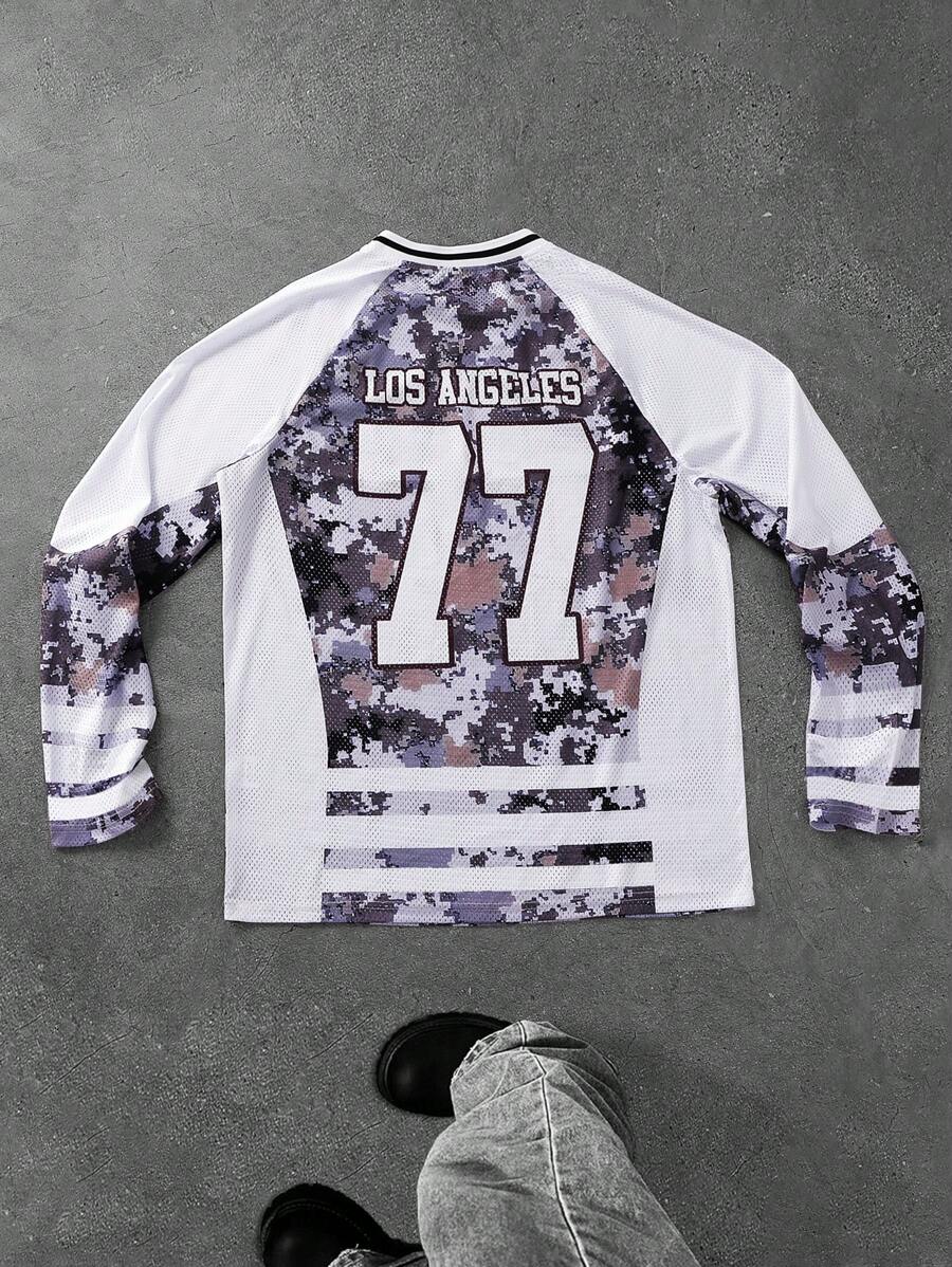 Manfinity EMRG Men's Youth Mosaic Camouflage Oversized Basketball Jersey,White Autumn Streetwear City Break Digital English Letter Print Long Sleeve T-Shirt - Multicolor - View 1