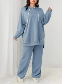 Mulvari Conjunto de 2 piezas talla grande casual con capucha con cordón y estampado de letras y pantalón de chándal, conjunto de 2 piezas para otoño