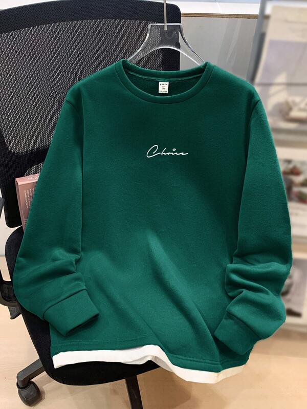 SHEIN Teen Boys' Casual Versatile All-Match College Style Letter Print Knit 2 In 1 Round Neck Long Sleeve Sweatshirt, Suitable For School, Outings, Travel, All Seasons, Great As A Gift,In Fall/Winter