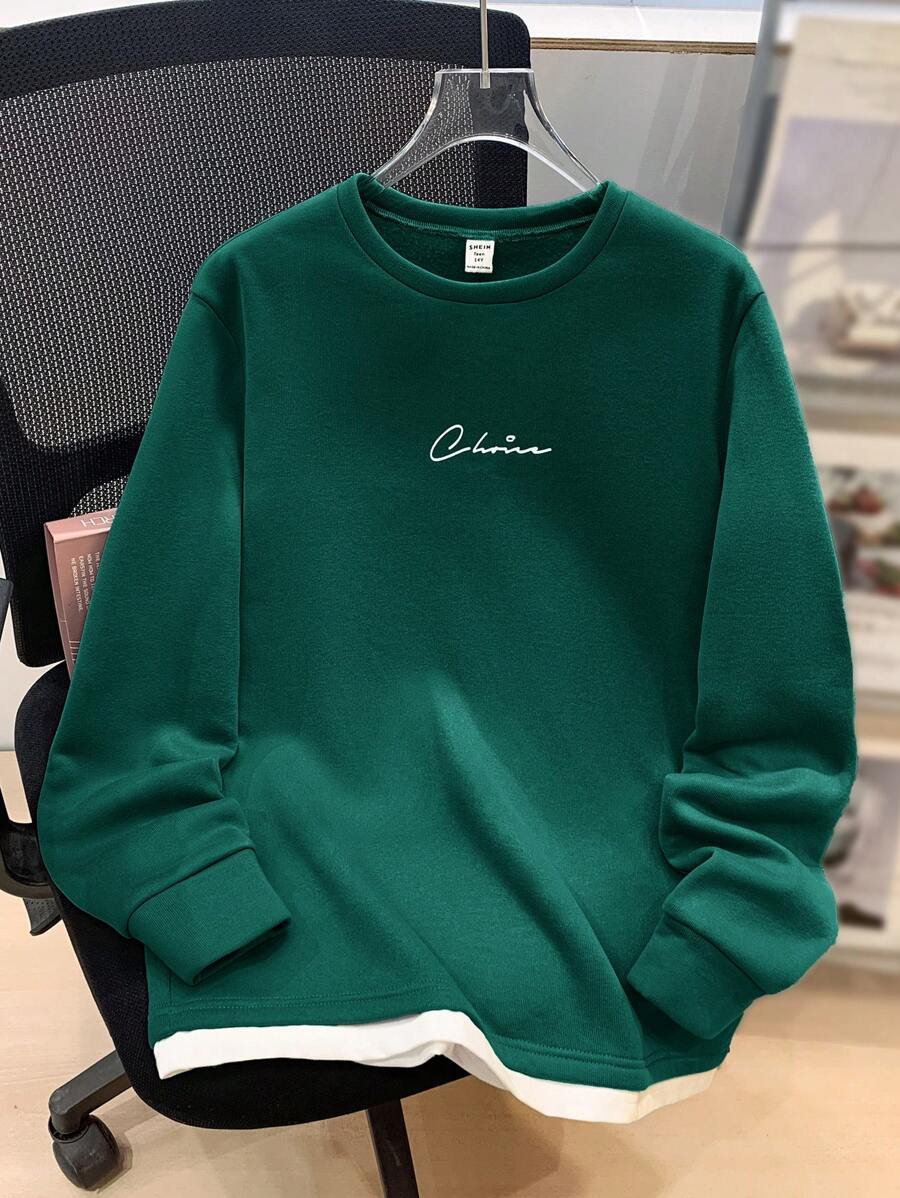 SHEIN 青少年男孩休闲百搭百搭学院风字母印花针织二合一圆领长袖运动衫，适合上学、郊游、旅行、所有季节，可作为礼物 - 墨綠色 - 查看 1