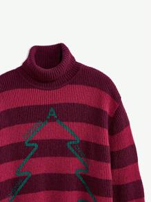 AKNOTIC Party 圣诞节男士红色条纹撞色毛衣，宽松落肩休闲针织衫，适合圣诞节和新年，圣诞树图案和圣诞祝福，适合秋冬 - 紅色 - 查看 9