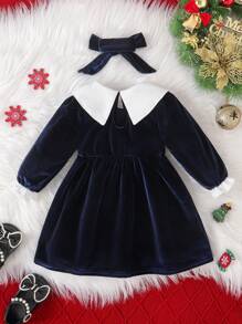 SHEIN Baby Mädchen Luxus Samt Kragen Prinzessin Geburtstags Party Kleid Herbst/Winter - Königsblau - Übersicht 2