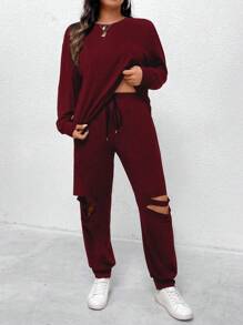 SHEIN LUNE 2pcs Plus Size Casual Solid Hoodie And Ripped Sweatpants Set, Autumn - Burgundy - View 6