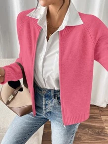 Chiquease 女式纯色插肩袖前拉链休闲开衫，秋冬款 - 西瓜粉 - 查看 6