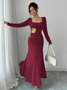 Modelyn فستان طويل منسوج أنيق بياقة مُزَين للسيدات ذو أكمام طويلة وتفصيل متناسق الطول ماكسي، إطلالة للسيدات للمناسبات الرسمية المسائية الطويلة - الأحمر - مشاهدة 5