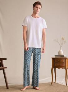 SHEIN EverLounge Pantalones casuales sueltos y rectos con estampado floral para hombre, pantalón de estar en casa
