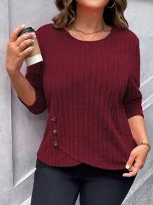 SHEIN LUNE Plus Size Women Solid Color Round Neck Criss-Cross Ribbed Textured Long Sleeve T-Shirt Fall Cloth For Women - Burgundy - View 3