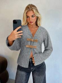 Aloruh Chaqueta tipo cárdigan de mujer con cinturón para otoño/invierno - Gris Oscuro - Ver 7