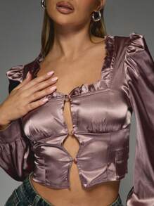 MISSGUIDED Satin Frill Trim Detail Balloon Long Sleeves Square Neck Blouse - Dusty Pink - View 4