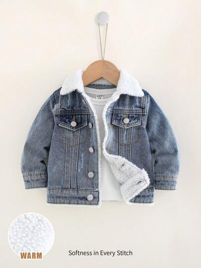 Cozy Pixies Baby Boys Casual Soft Cute Plus Fleece Thick Distressed Washed Blue Denim Jacket,For Baby Boys Fall And Winter Clothes