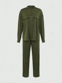 INAWLY Conjunto de 2 piezas para mujeres: Blusa de botones de manga larga con hombros caídos y pantalones de un solo color, conjunto informal de otoño