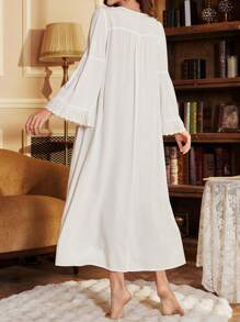 PalaceNights 3D Rose Ruffle Edge Open Front Round Neck Extremely Loose Flare Sleeve Women Nightgown Babydoll Luxe Loungewear, Moo Moo, Fall