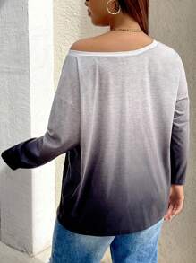 SHEIN Essnce Plus Size Women Autumn And Winter Fashion Casual Loose Gradient Print Off-Shoulder Long-Sleeved Black T-Shirt,Fall Women Clothes,Curv Tops,Y2k,Street Wear,Black Grey Long Sleeve Top,Printed T-Shirt