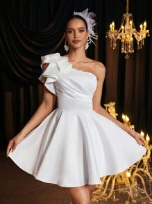 SHEIN Belle Elegant Luxurious One Shoulder Ruffle Asymmetric Dress With Tie Back, Suitable For Wedding, Party, Vacation, Bridal, Gift, Bridal Shower Dress,Bride