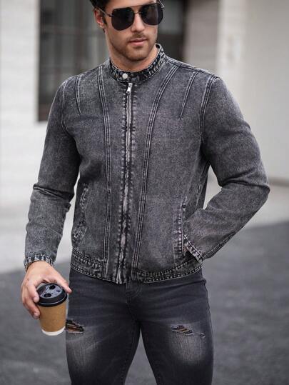 Manfinity Homme 男士秋季立领长袖拉链休闲牛仔夹克