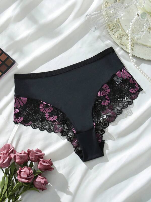 Plus Size Women Milk Silk Lace Floral Patchwork Fashionable Thong Panties