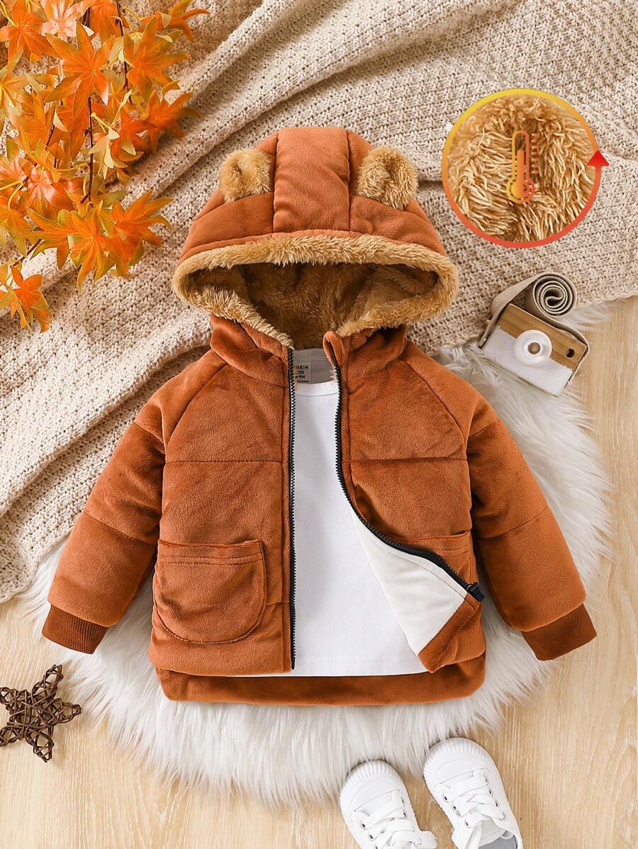 Baby Boy Cute Ear Hooded Zipper Winter Coat, Warm & Casual For Autumn/Winter Outings Or Home Wear, Fashion