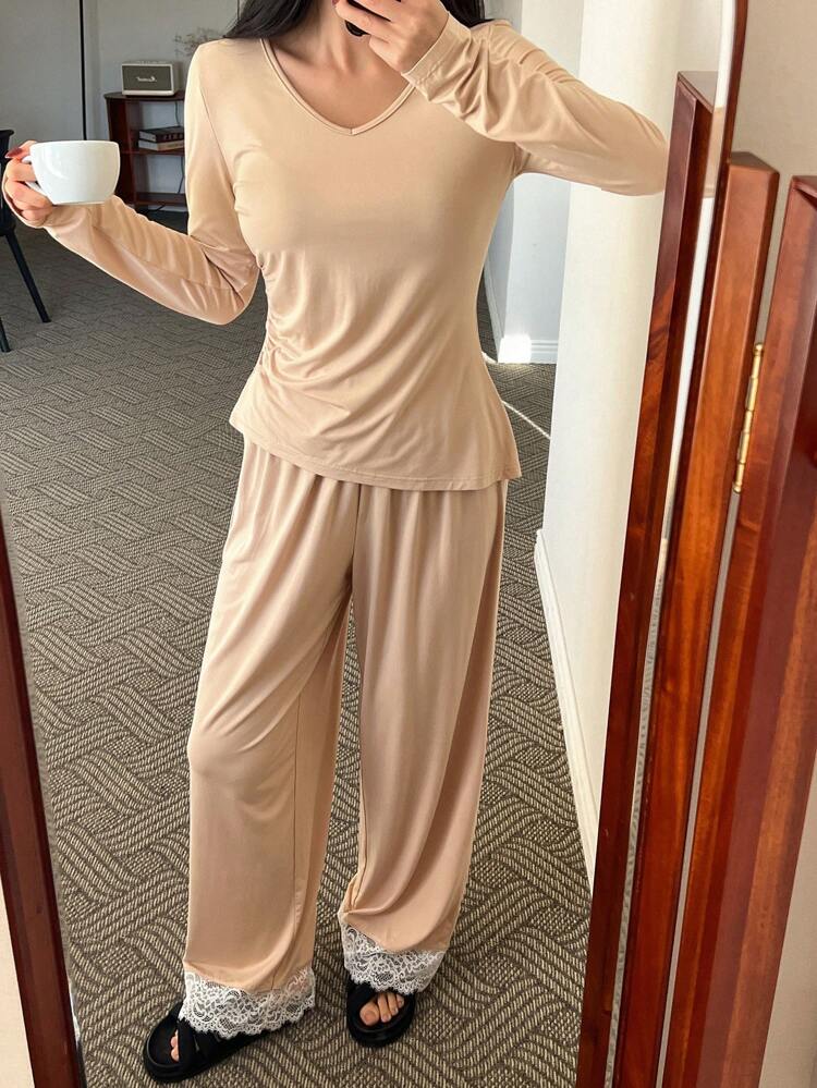 Simple Pleated Design Waist Cinching Top With Back Lace Panel & Loose Lace Panel Pajama Pants Set
