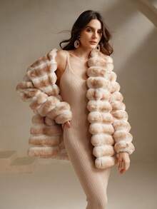 Anewsta 优雅仿皮草外套，黑白渐变色，时尚女士仿皮草大衣，奢华蓬松外套 - 黃色 - 查看 5