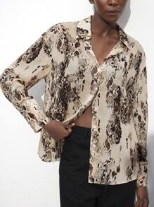 Maija 秋冬动物印花图案长袖衬衫，适合日常和工作穿着、节日 - 棕色 - 查看 3
