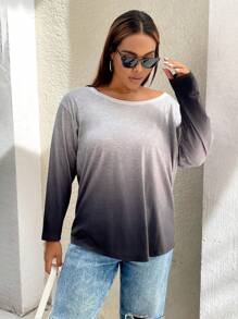 SHEIN Essnce Plus Size Women Autumn And Winter Fashion Casual Loose Gradient Print Off-Shoulder Long-Sleeved Black T-Shirt,Fall Women Clothes,Curv Tops,Y2k,Street Wear,Black Grey Long Sleeve Top,Printed T-Shirt