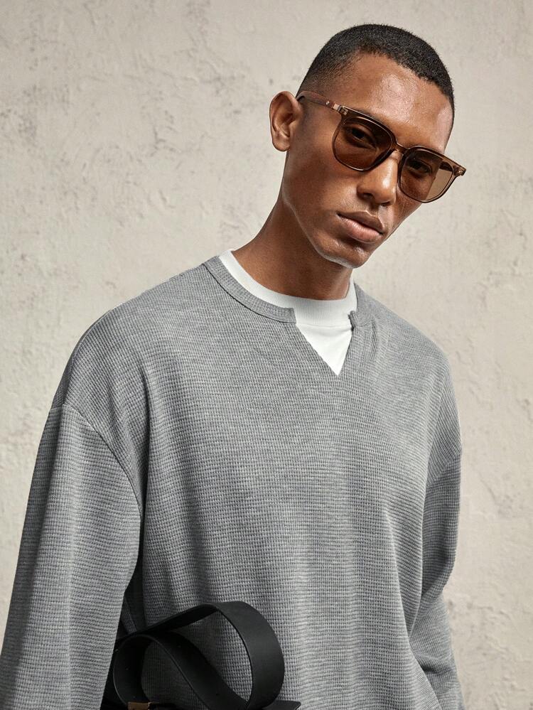 T-shirt à manches longues, col rond, ample, style blocs de couleurs tricoté pour homme, décontracté pour l'automne/hiver