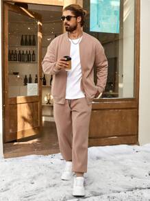 Manfinity Homme Men Casual Zip-Up Sweatshirt And Sweatpants Suit Set, Men Tracksuit, Men Two Pieces Outfits, Men Clothes, Sweatshirt And Sweatpants Set, Boyfriend Gift - Coffee Brown - View 5