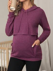 SHEIN Pregnant Women Solid Color Long Sleeve Drawstring Hooded Pocket Breastfeeding Casual T-Shirt - Burgundy - View 6