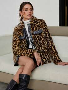 Firerie Women Leopard Print Fluffy PU Splice Long Sleeve Jacket - Brown - View 5