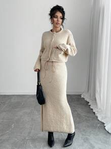 Calvaya Conjunto de 2 piezas de falda larga de unicolor con cordón y suéter de punto para mujer, otoño/invierno